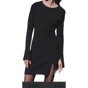 Commense Black Knit Dress Women L Mini Rib Knit Front & Wrist Slits R38
